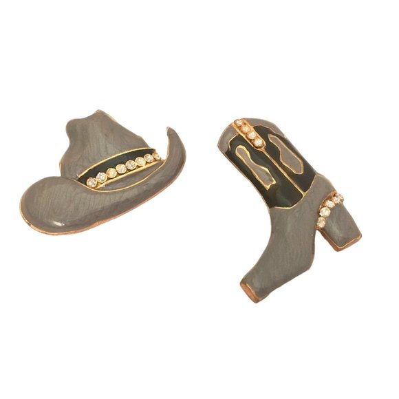 Whimsical Pin Set of 2 Brooches Western Cowboy Boots and Hat Pin Set Vintage Cos - Picture 6 of 6
